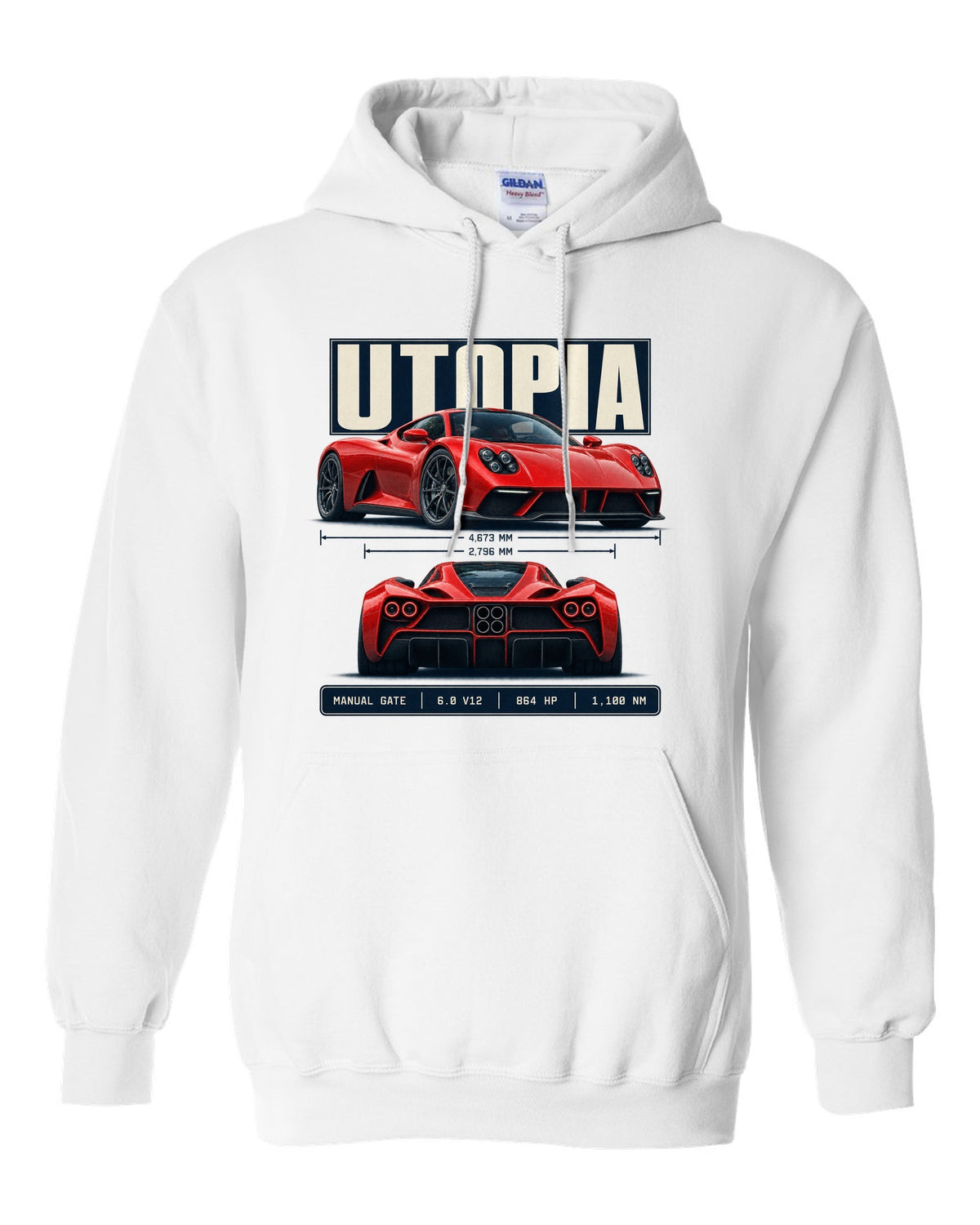 Spec poster print of the Pagani Utopia with the text manual gate, 6.0 V12, 864 hp, 1,100 Nm white pull over hoodie front view with the design