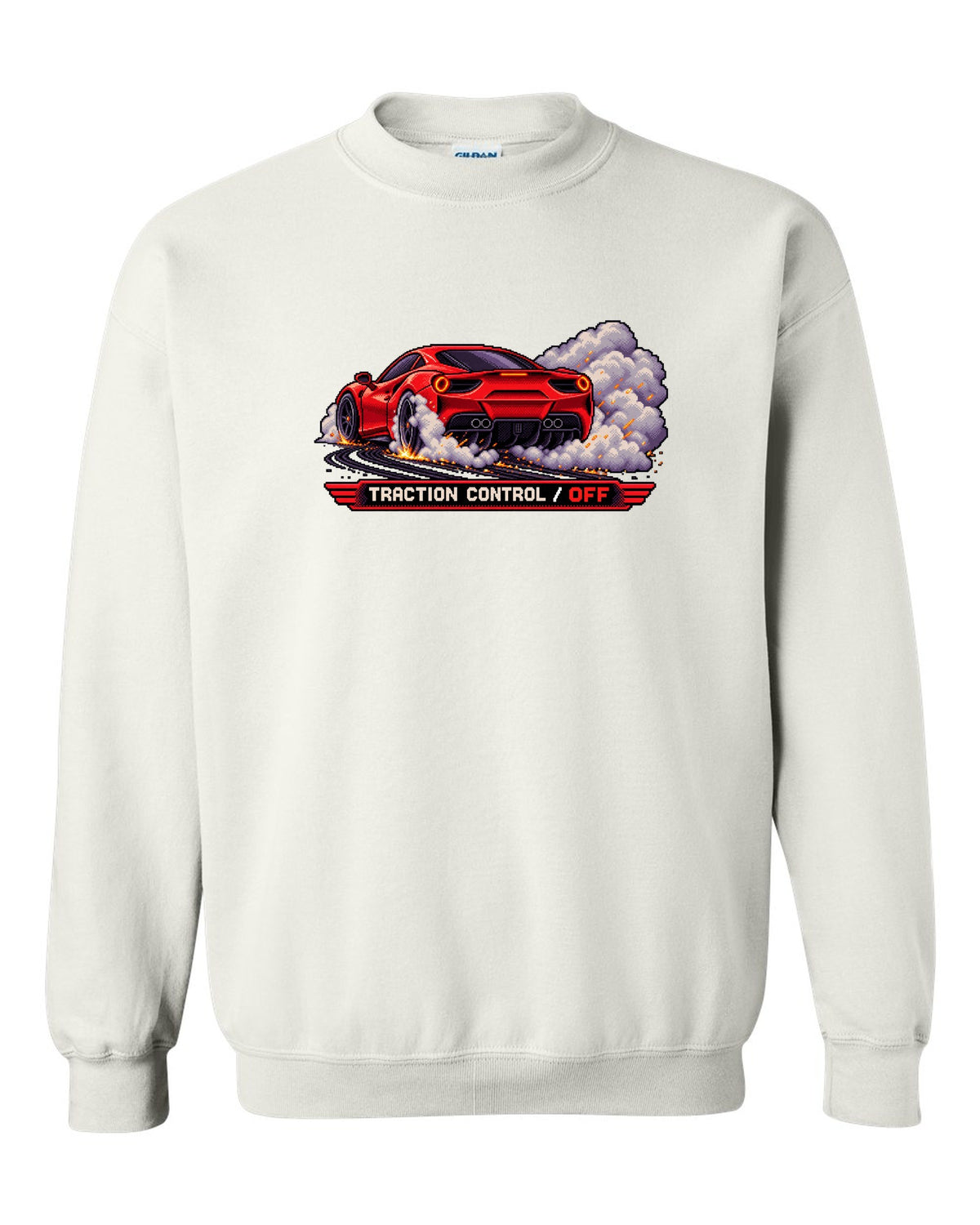 Pixel art Ferrari 488 GTB burnout with traction control off text white crewneck front view with the design