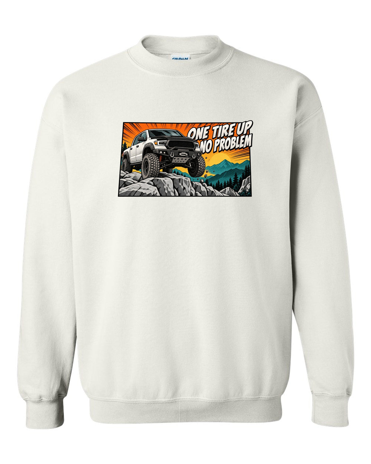Retro manga halftone print of a Ram Power Wagon 2500 4x4 with one tire up on a ledge white crewneck front view with the design