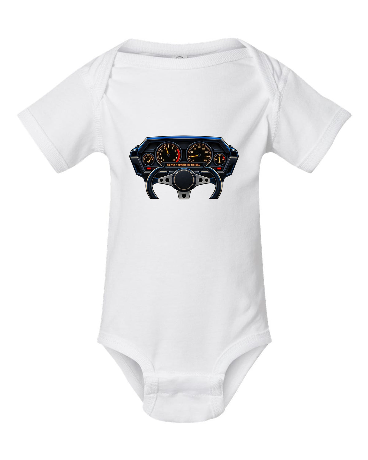 Gauge cluster graphic for a Lamborghini Countach LP5000 QV with 5.2 V12 lettering white baby onesie front view with the design