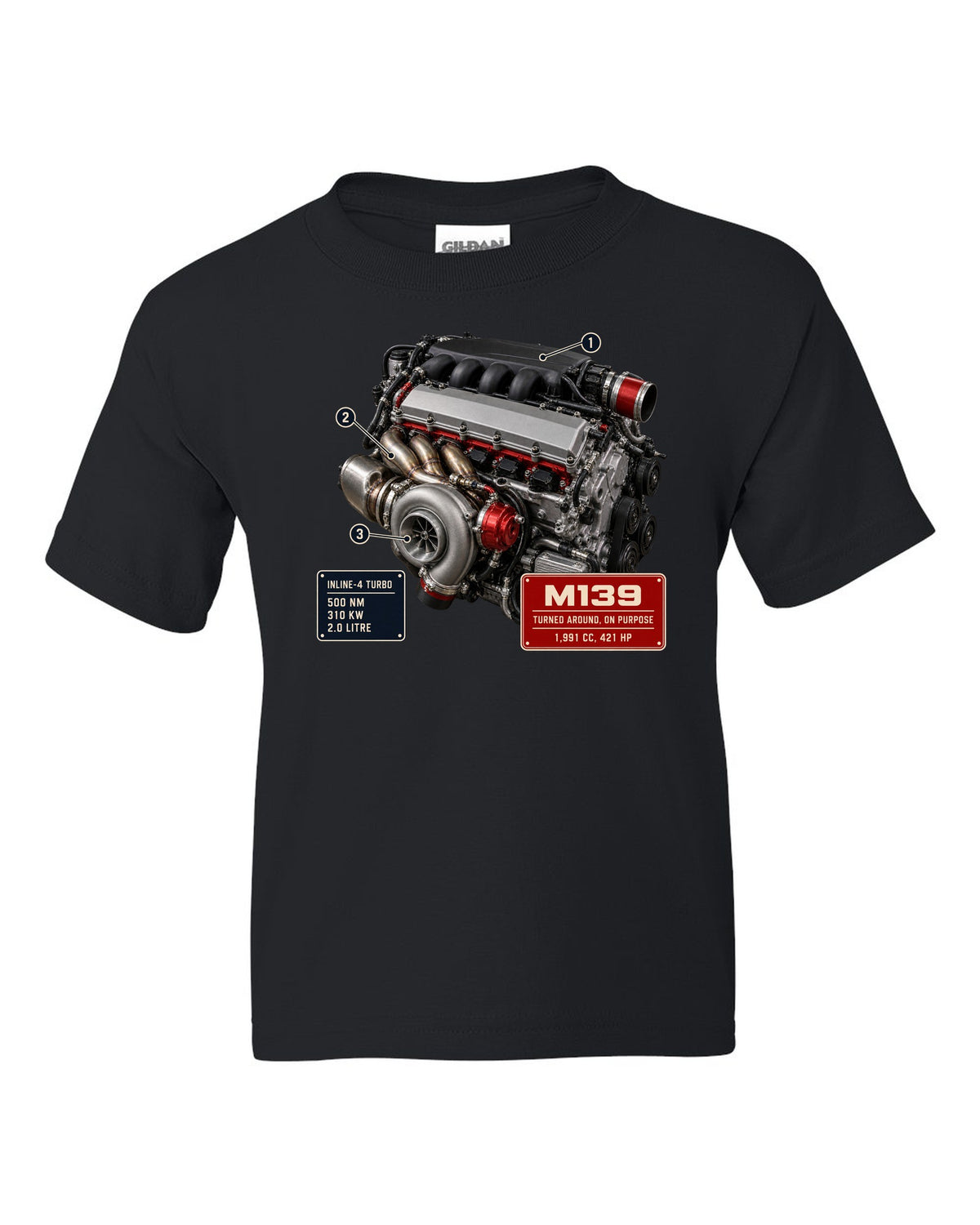 Mercedes-AMG M139 2.0 litre turbo four engine hero print black kids tee front view with the design