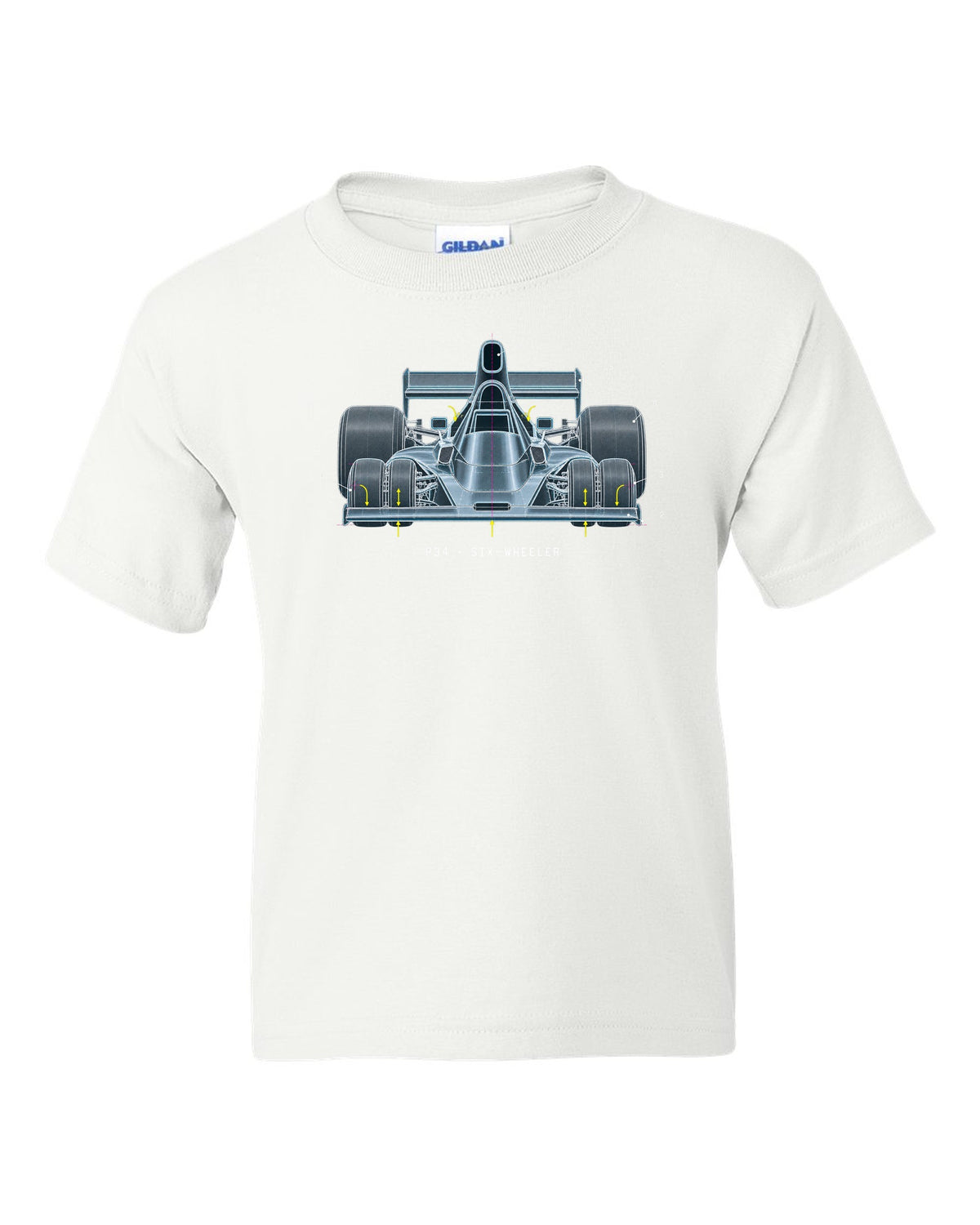 Blueprint patent-style drawing of the Tyrrell P34 six-wheeler white kids tee front view with the design