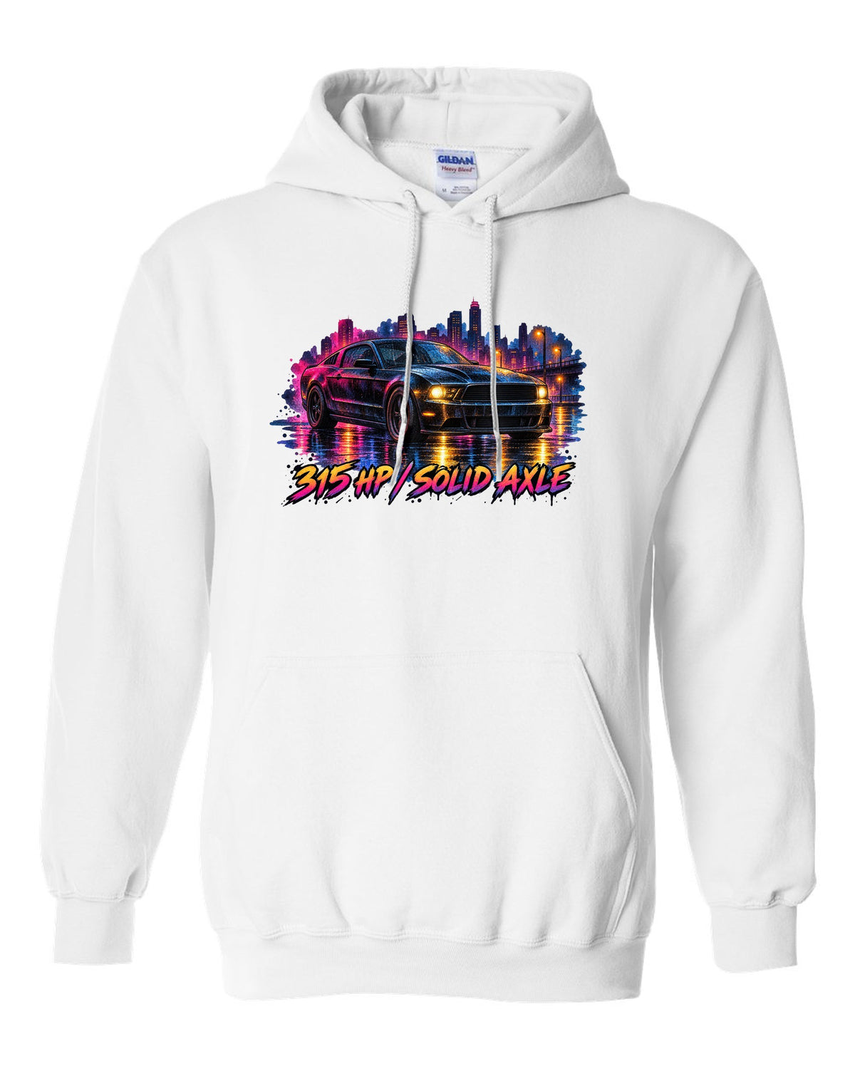 Watercolour wet road night scene with a 2005-2014 S197 Ford Mustang fastback white pull over hoodie front view with the design