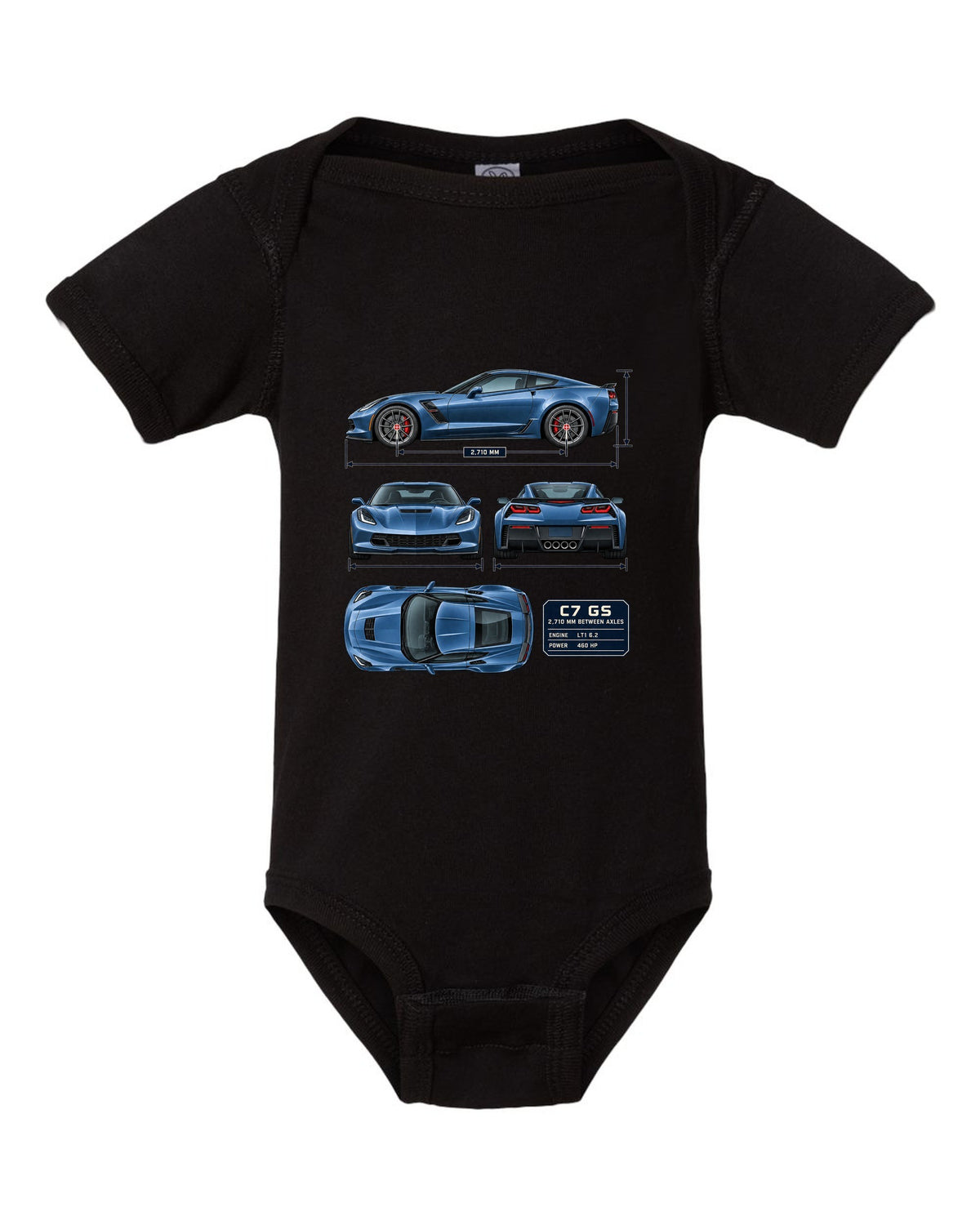 print of a Chevrolet Corvette C7 Grand Sport dimension blueprint with 2,710 mm wheelbase black baby onesie front view with the design