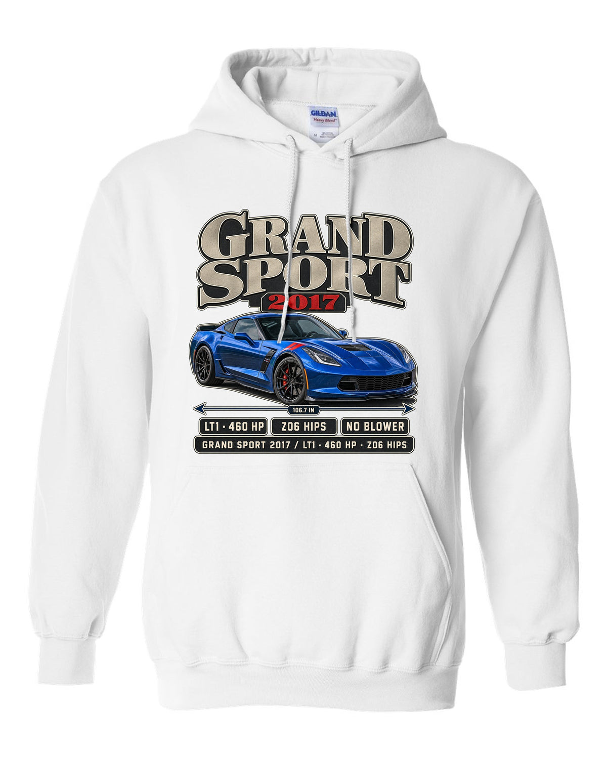 print of a Chevrolet Corvette C7 Grand Sport archive panel with LT1 and 460 HP text white pull over hoodie front view with the design