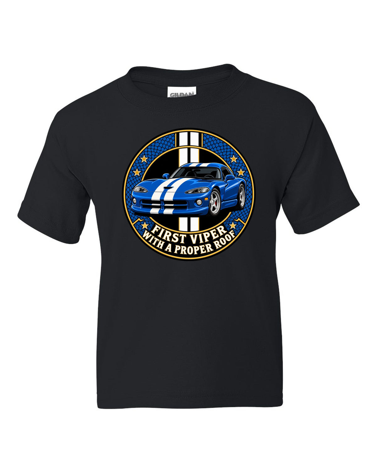 Original crest design print of a 1996 Dodge Viper GTS SR II with proper roof text black kids tee front view with the design