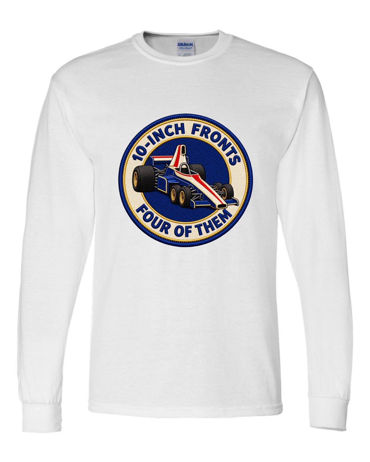 Varsity crest print of the Tyrrell P34 with 10-inch fronts, four of them lettering white long sleeve front view with the design