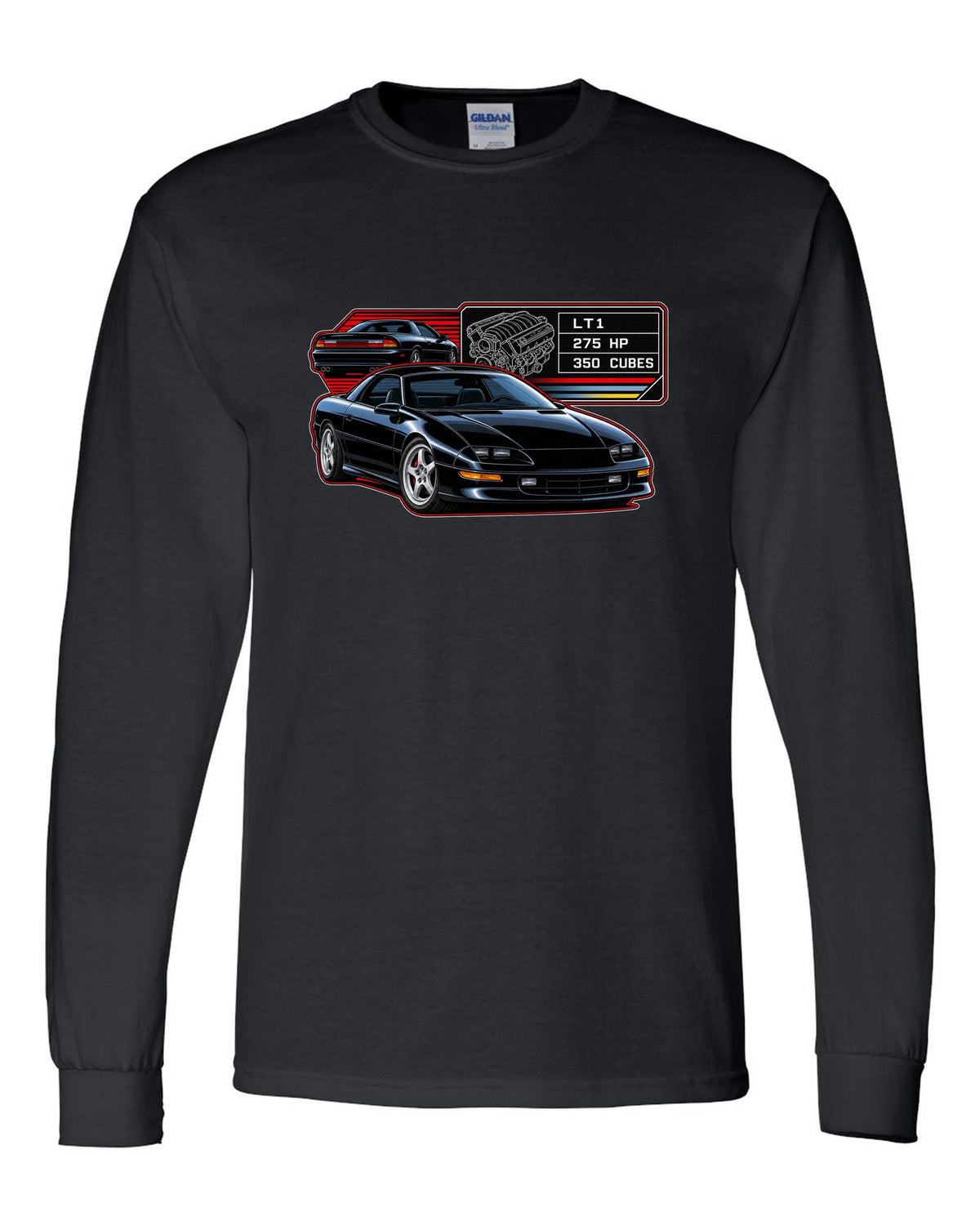 1993 Camaro Z28 fourth-generation spec plate design with the text LT1 275 HP 350 Cubes black long sleeve front view with the design