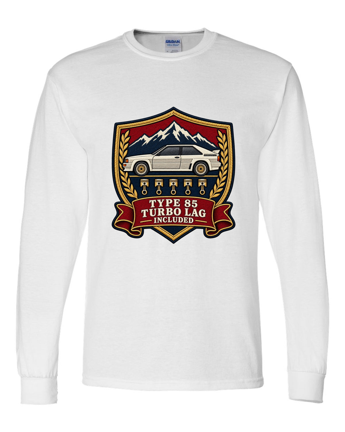 Varsity shield crest print of an Audi Ur-Quattro Type 85 with Turbo Lag Included text white long sleeve front view with the design