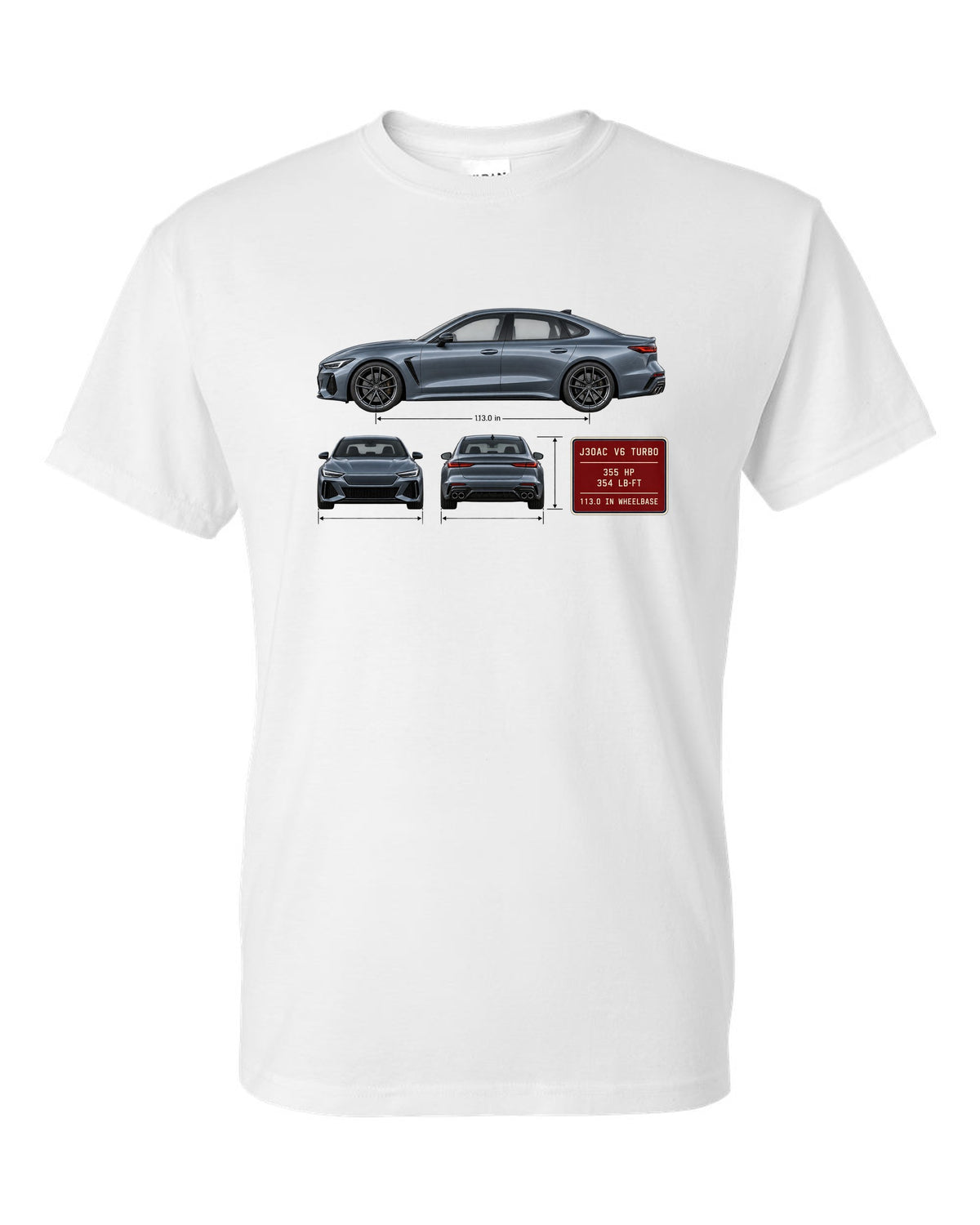 Acura TLX Type S three-view spec table print white t-shirt front view with the design