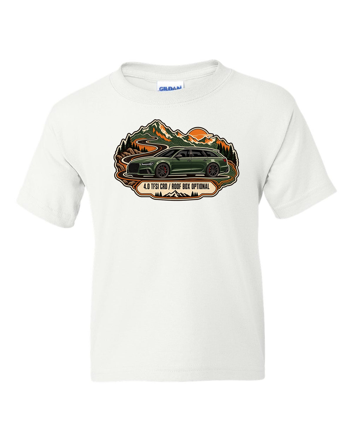 Topographic route map design of the Audi RS6 Avant C7 4G with 4.0 TFSI and roof box optional lettering white kids tee front view with the design