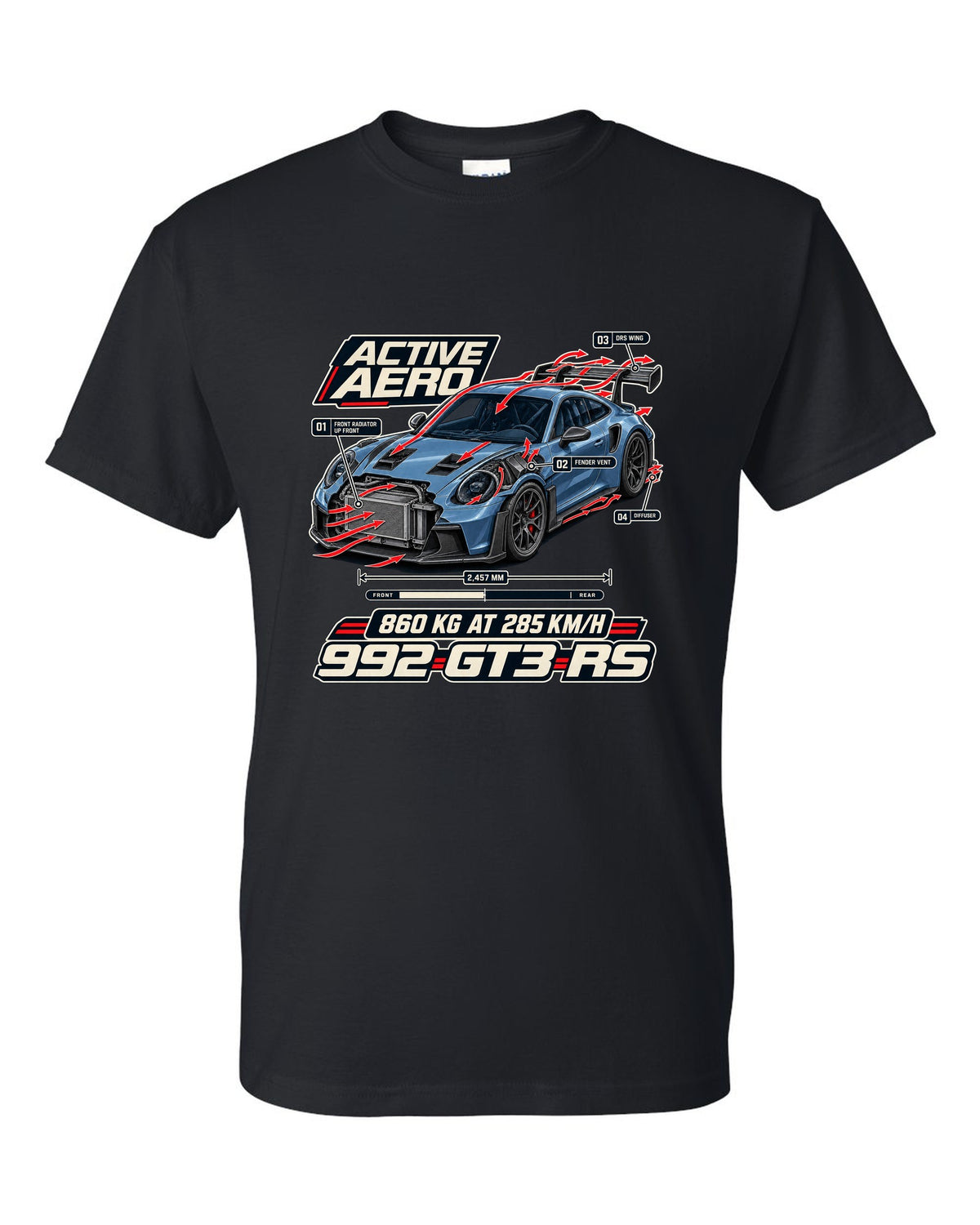 Porsche 992 GT3 RS aero and cutaway callouts print design black t-shirt front view with the design