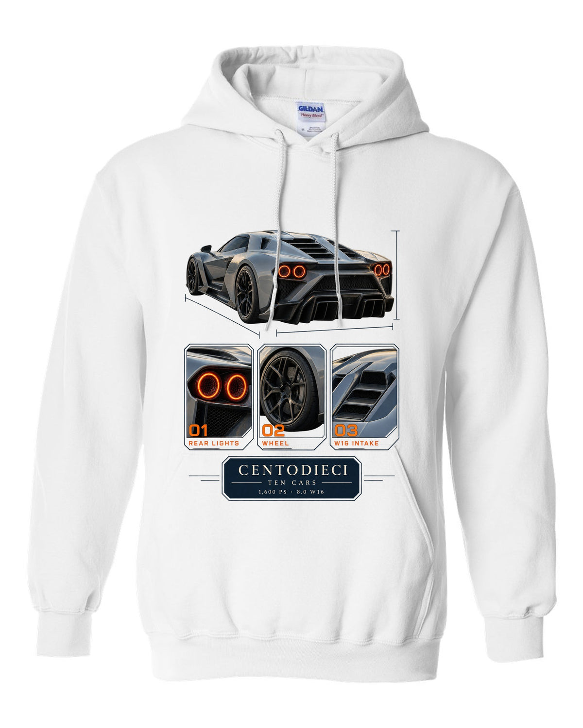 Dossier panel layout of the Bugatti Centodieci with ten-car text, print white pull over hoodie front view with the design