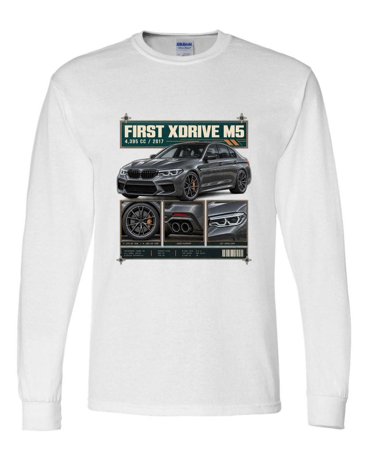 BMW M5 F90 Competition dossier panel print on a tee white long sleeve front view with the design
