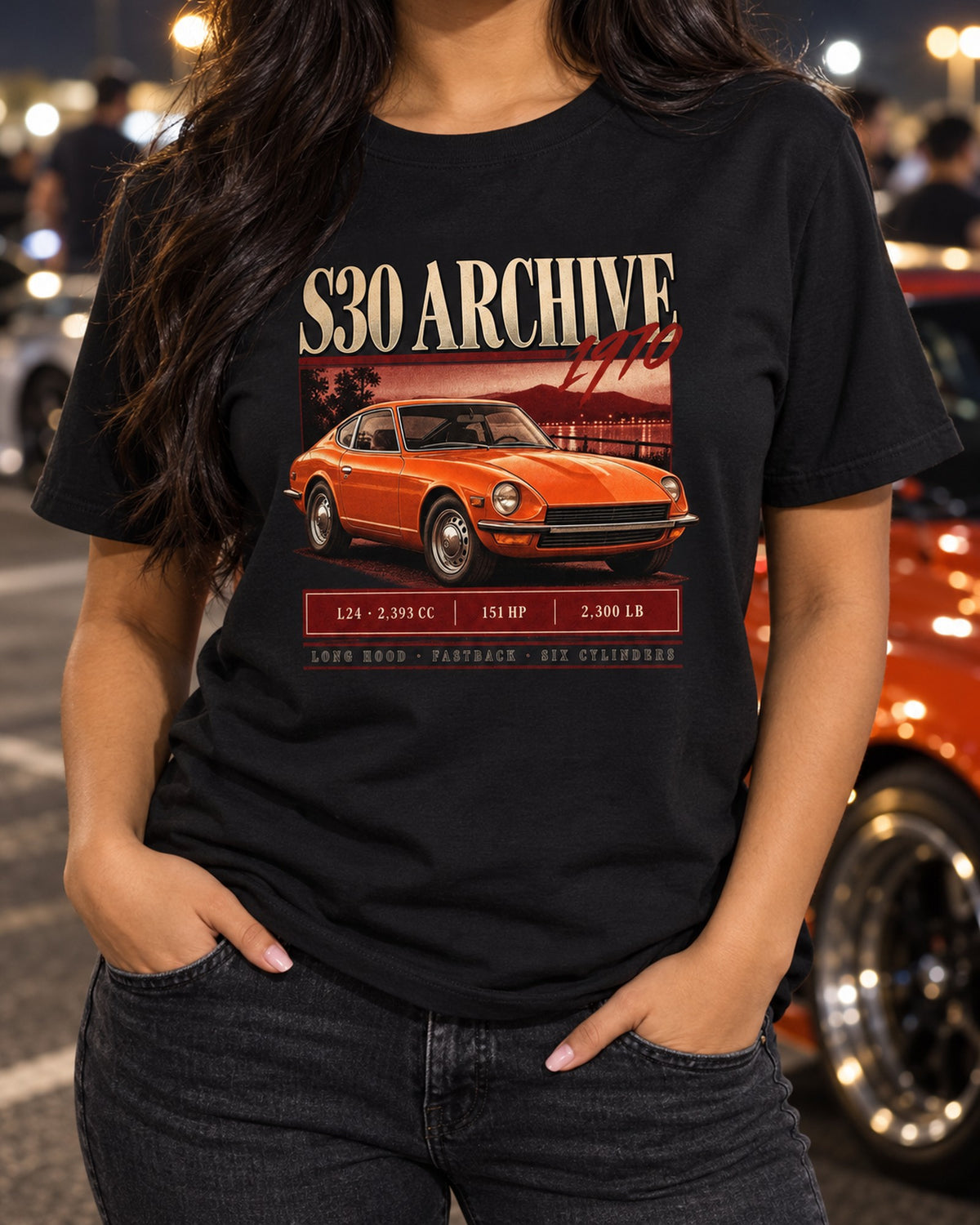 Datsun 240Z S30 1970 Archive Panel Shirt, L24 Six Cylinders T-Shirt Black worn hero