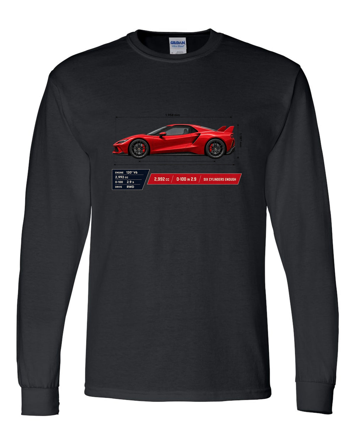 Ferrari 296 GTB spec poster print with 2,992 cc and 0-100 in 2.9 black long sleeve front view with the design