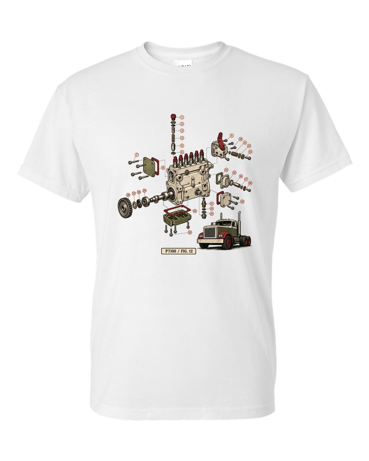 Vintage service-manual exploded diagram print of a Bosch P7100 injection pump from a 1994-1998 Ram 12V white t-shirt front view with the design
