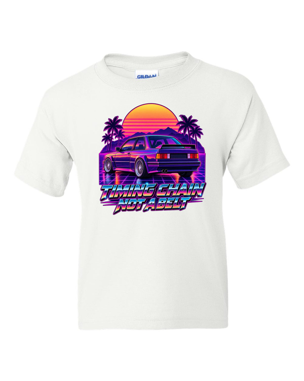 Synthwave outrun illustration of a BMW E30 M3 taillights at dusk with timing chain text white kids tee front view with the design