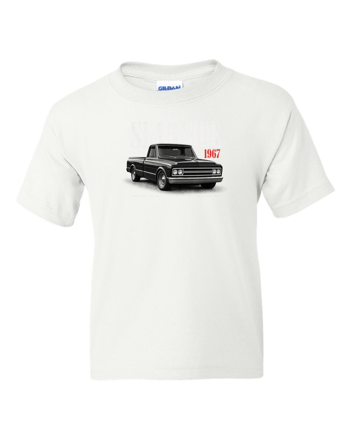 Editorial print of a 1967-72 Chevrolet C10 Action Line Fleetside with 283 V8 text white kids tee front view with the design