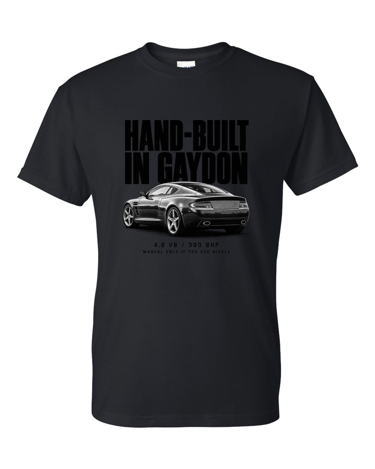 Aston Martin V8 Vantage 2005 halftone print with Gaydon text black t-shirt front view with the design