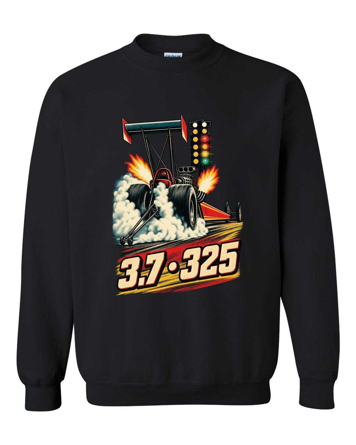 Retro poster style Top Fuel dragster doing a burnout with halftone smoke and 3.7 325 lettering black crewneck front view with the design