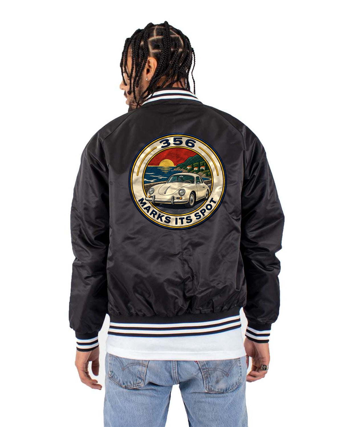Porsche 356 A Bathtub Varsity Crest Embroidery-Style Tee Bomber Jacket Black back