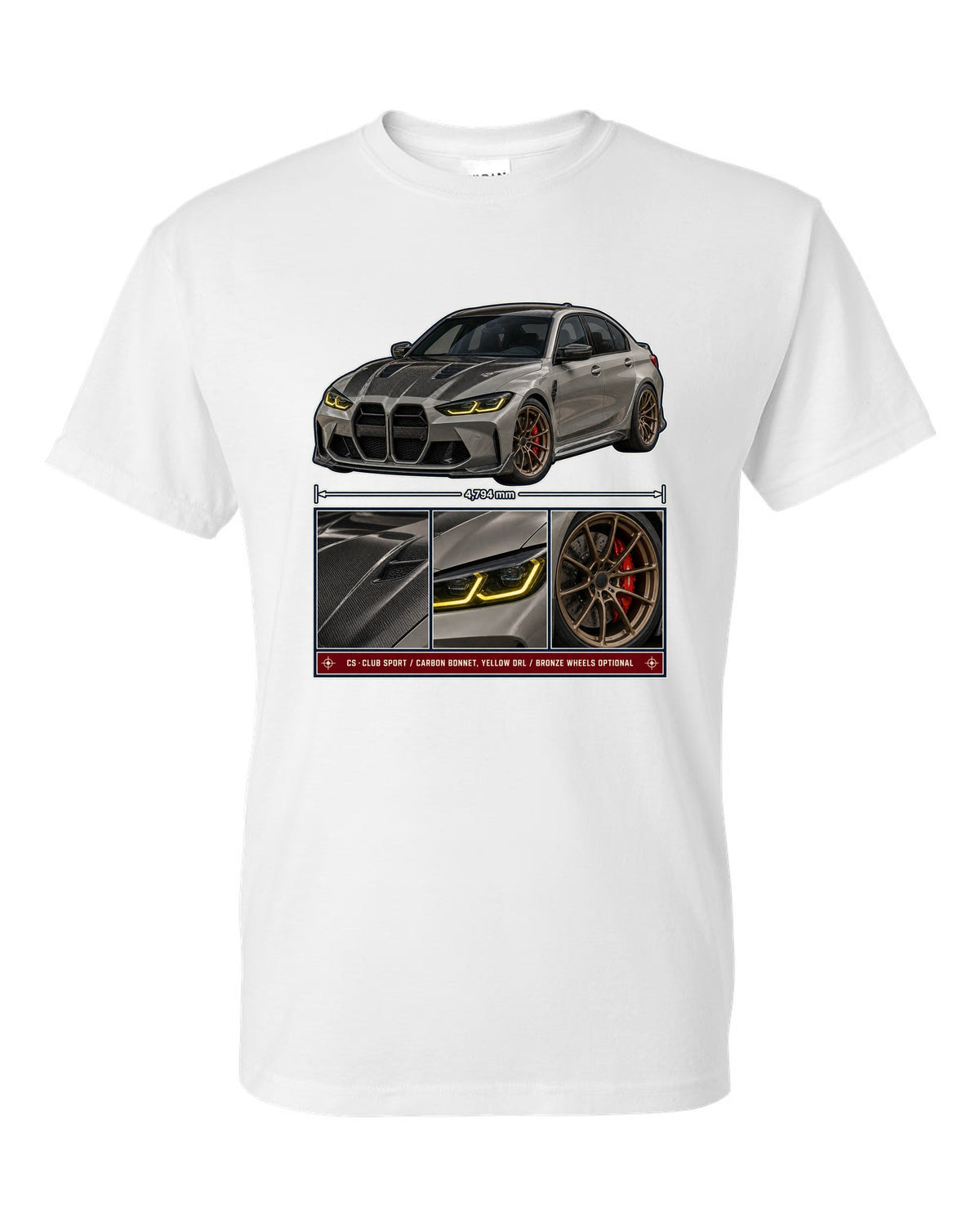 BMW M3 CS G80 dossier panels print design white t-shirt front view with the design