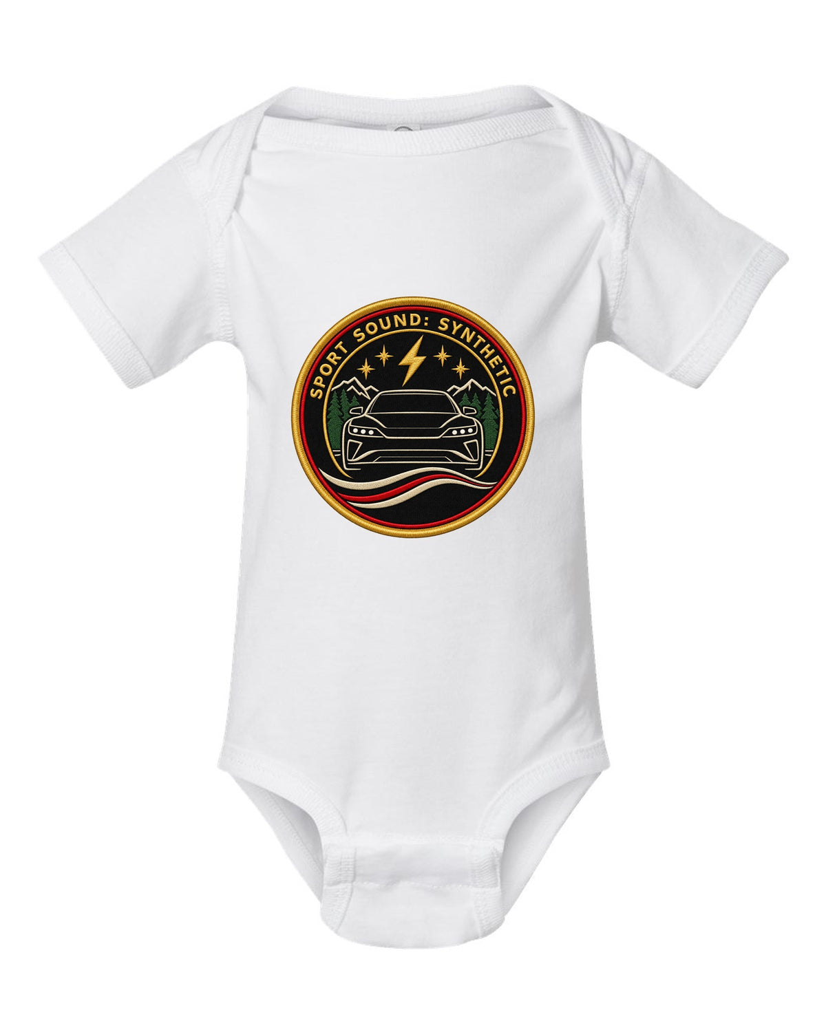 Porsche Taycan Turbo S 9J1 round embroidery-style crest print with the text sport sound synthetic white baby onesie front view with the design