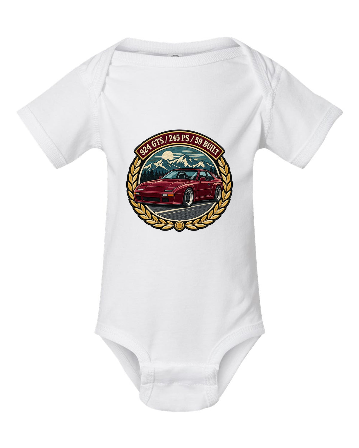 Embroidery-style racing crest for the Porsche 924 GTS with 245 PS and 59 built lettering white baby onesie front view with the design
