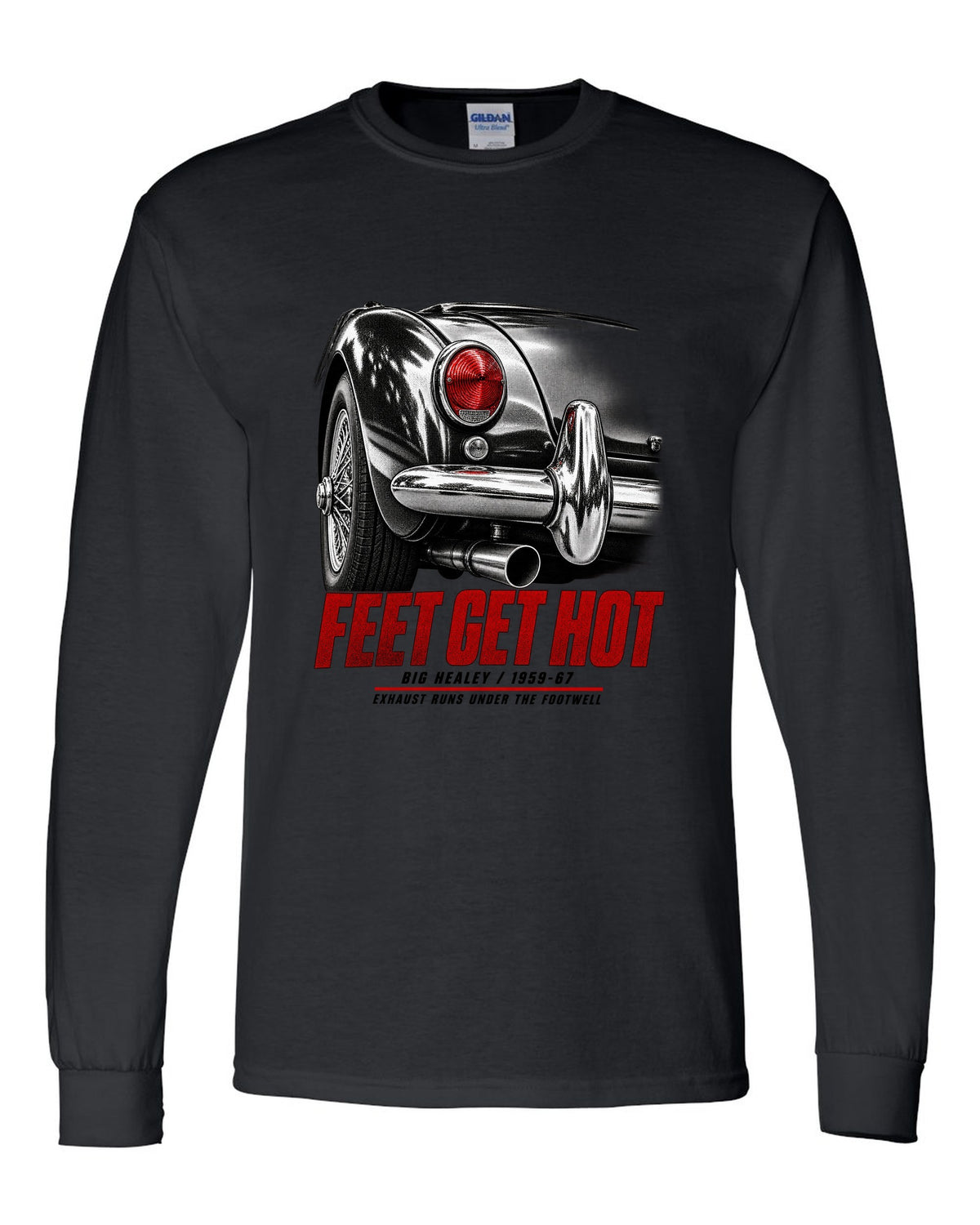 print of the rear taillight of a 1966 Austin-Healey 3000 Mk III BJ8 with hot feet lettering black long sleeve front view with the design