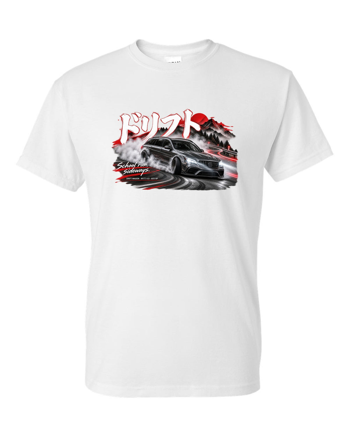 print touge drift night of a Mercedes W213 E63 S wagon with Japanese drift text and School Run Sideways white t-shirt front view with the design