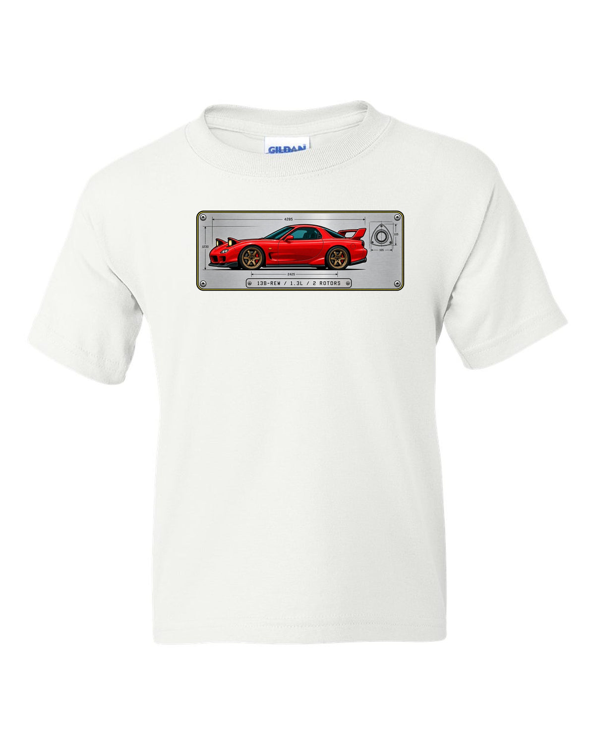 Spec plate print for a Mazda RX-7 FD3S listing 13B-REW, 1.3L and 2 rotors white kids tee front view with the design
