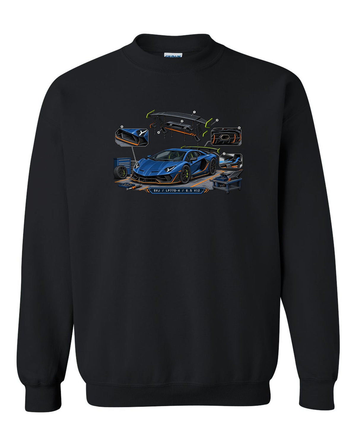 Isometric exploded-view engineering drawing of a Lamborghini Aventador SVJ LP770-4 with V12 text black crewneck front view with the design