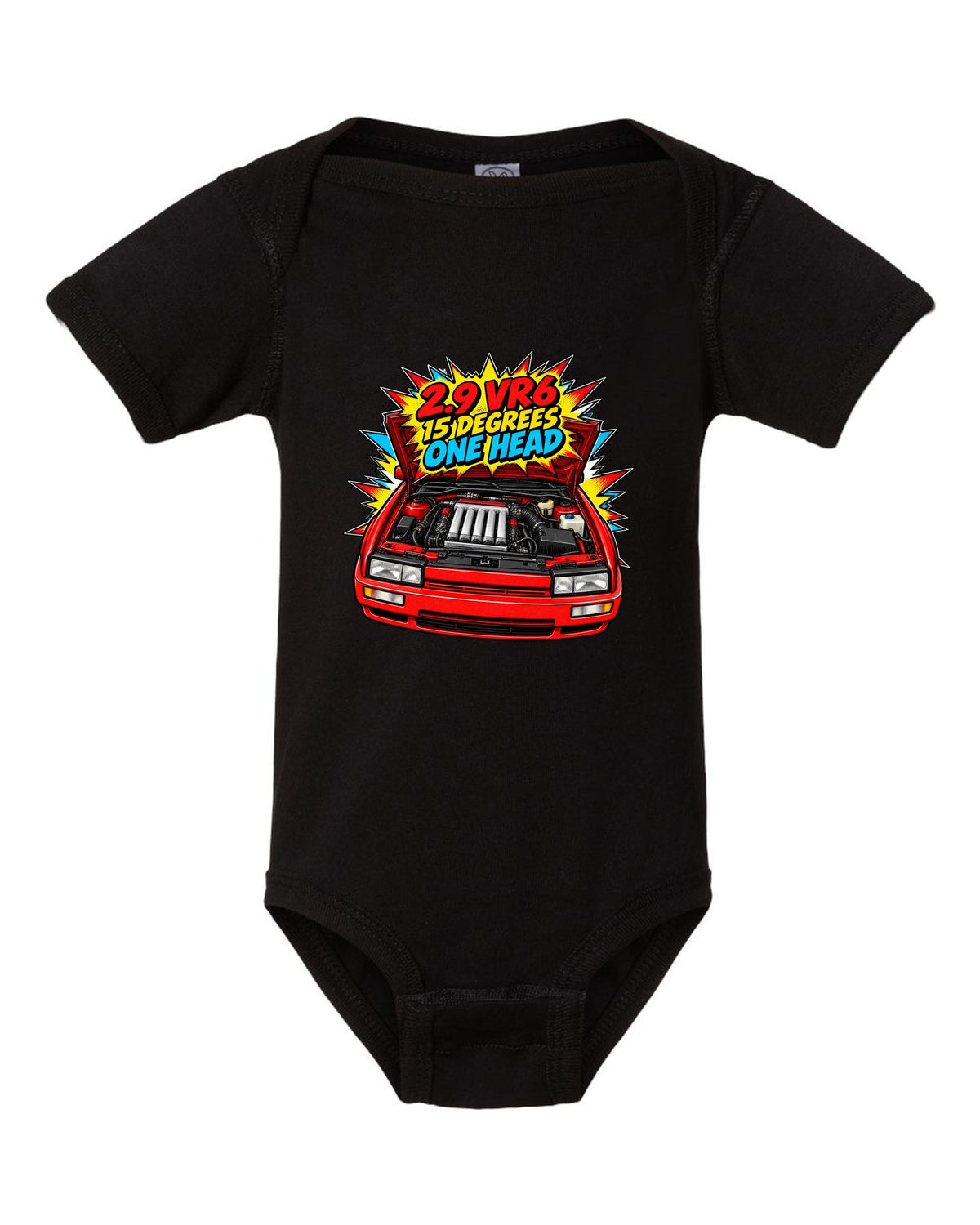 Comic halftone pop-art VW Corrado VR6 with 2.9 VR6 15 degrees one head text black baby onesie front view with the design