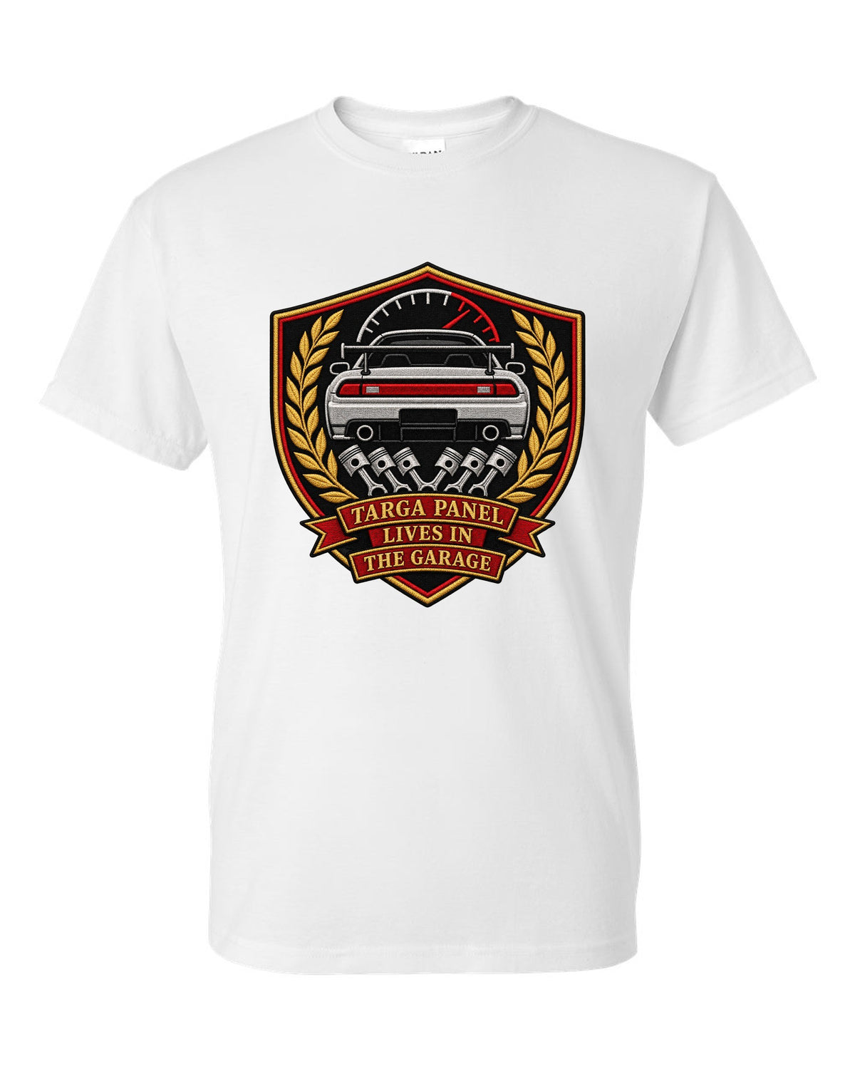 Embroidery-style shield crest print for the Toyota Supra A80 with targa panel lives in the garage lettering white t-shirt front view with the design