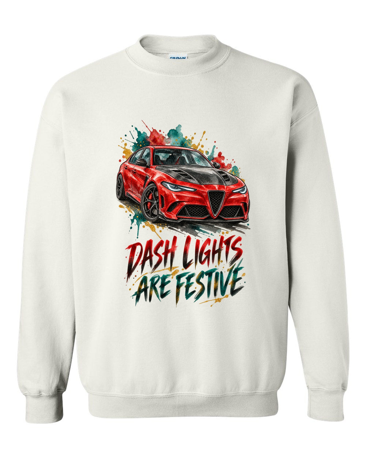 Watercolour ink illustration of an Alfa Romeo Giulia Quadrifoglio 952 with dash lights text on a tee back white crewneck front view with the design