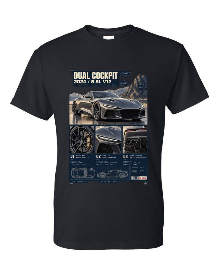 Dossier panel print of the Ferrari 12Cilindri with cockpit and V12 text black t-shirt front view with the design