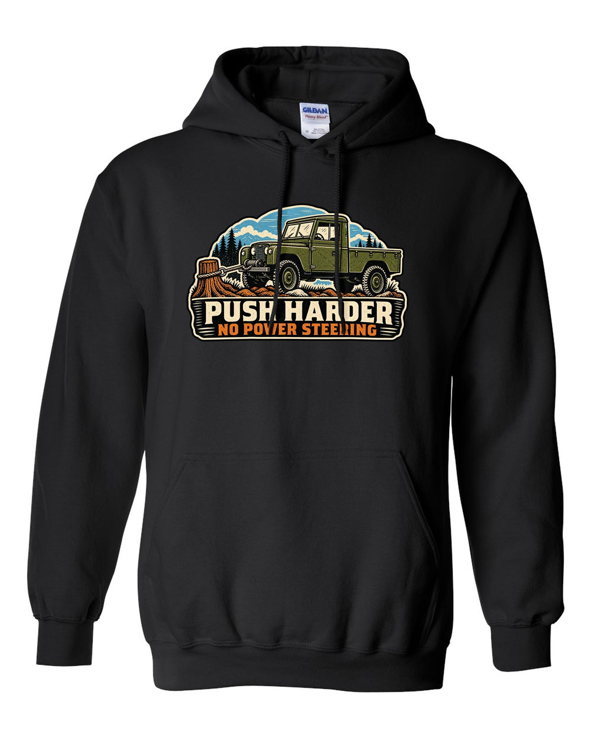 Linocut print of a Dodge Power Wagon WM300 flat fender winching with no power steering text black pull over hoodie front view with the design