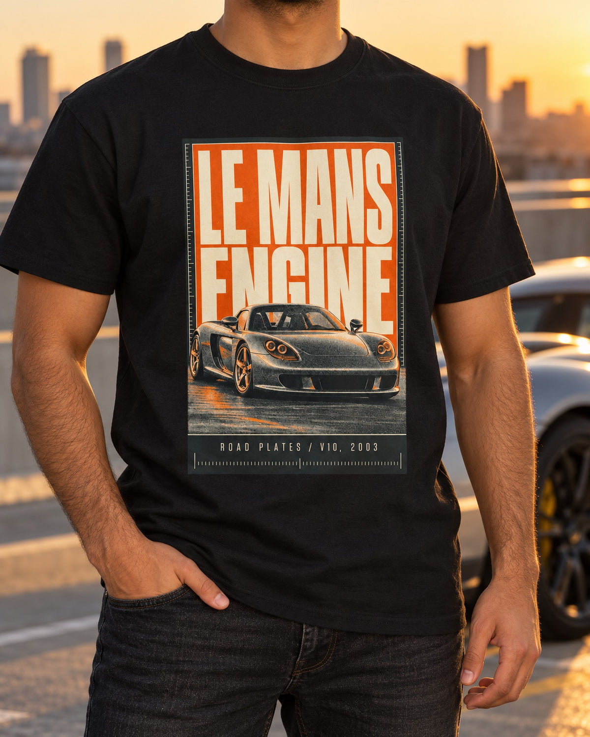 Carrera GT Halftone Shirt, Porsche V10 Le Mans Engine Tee T-Shirt Black worn hero