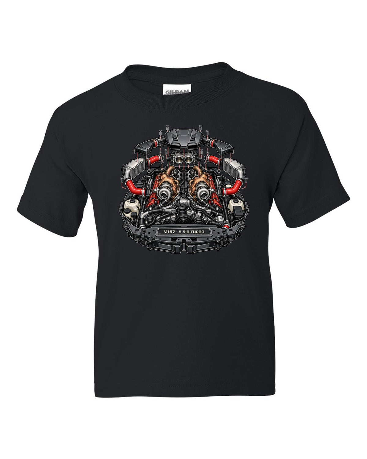 Hand-painted anime mountain road with a Mercedes E63 AMG Wagon S213 drifting black kids tee front view with the design