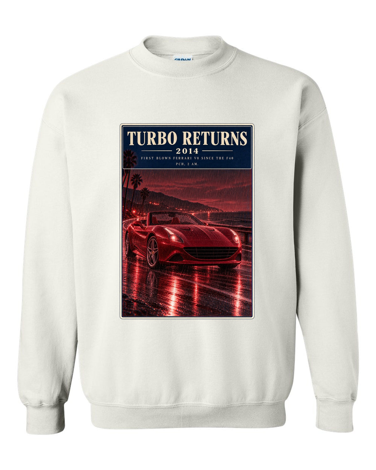 Red monochrome night street print of the Ferrari California T white crewneck front view with the design