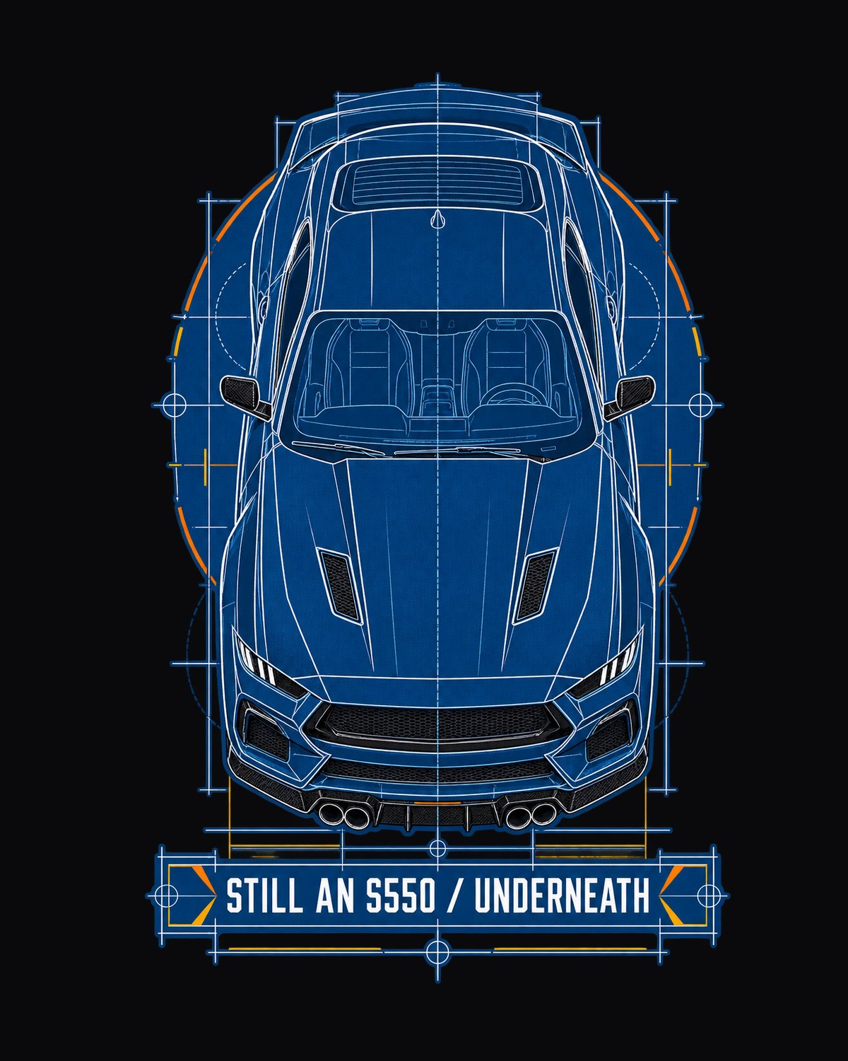 S650 Mustang Cyanotype Blueprint Shirt, Still An S550 Underneath design only