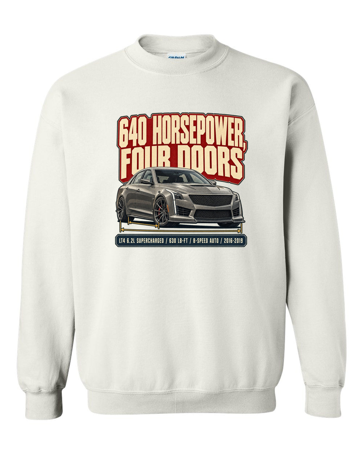Editorial headline print for a 2016-19 third generation Cadillac CTS-V white crewneck front view with the design