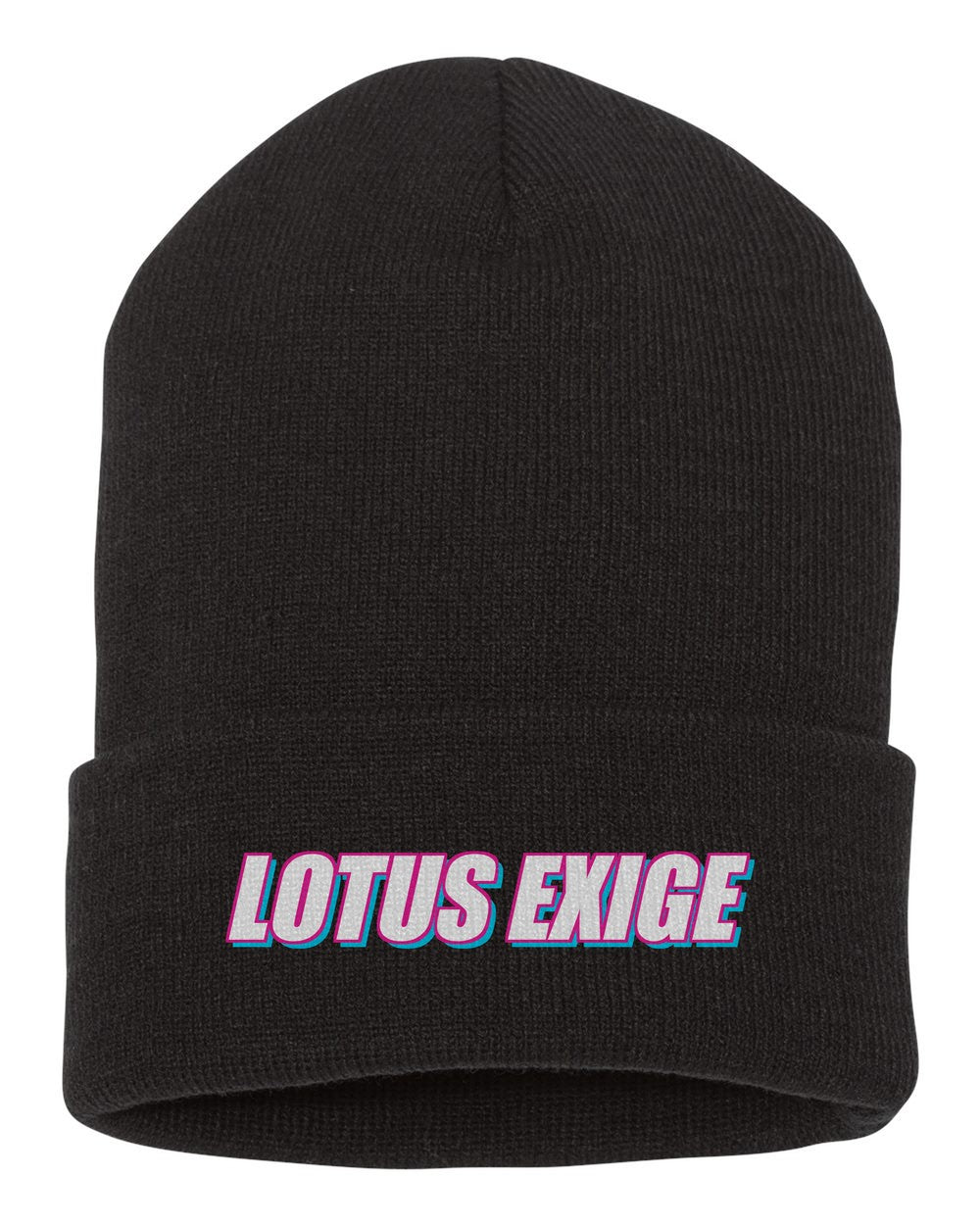 Lotus Exige black beanie front view with car name