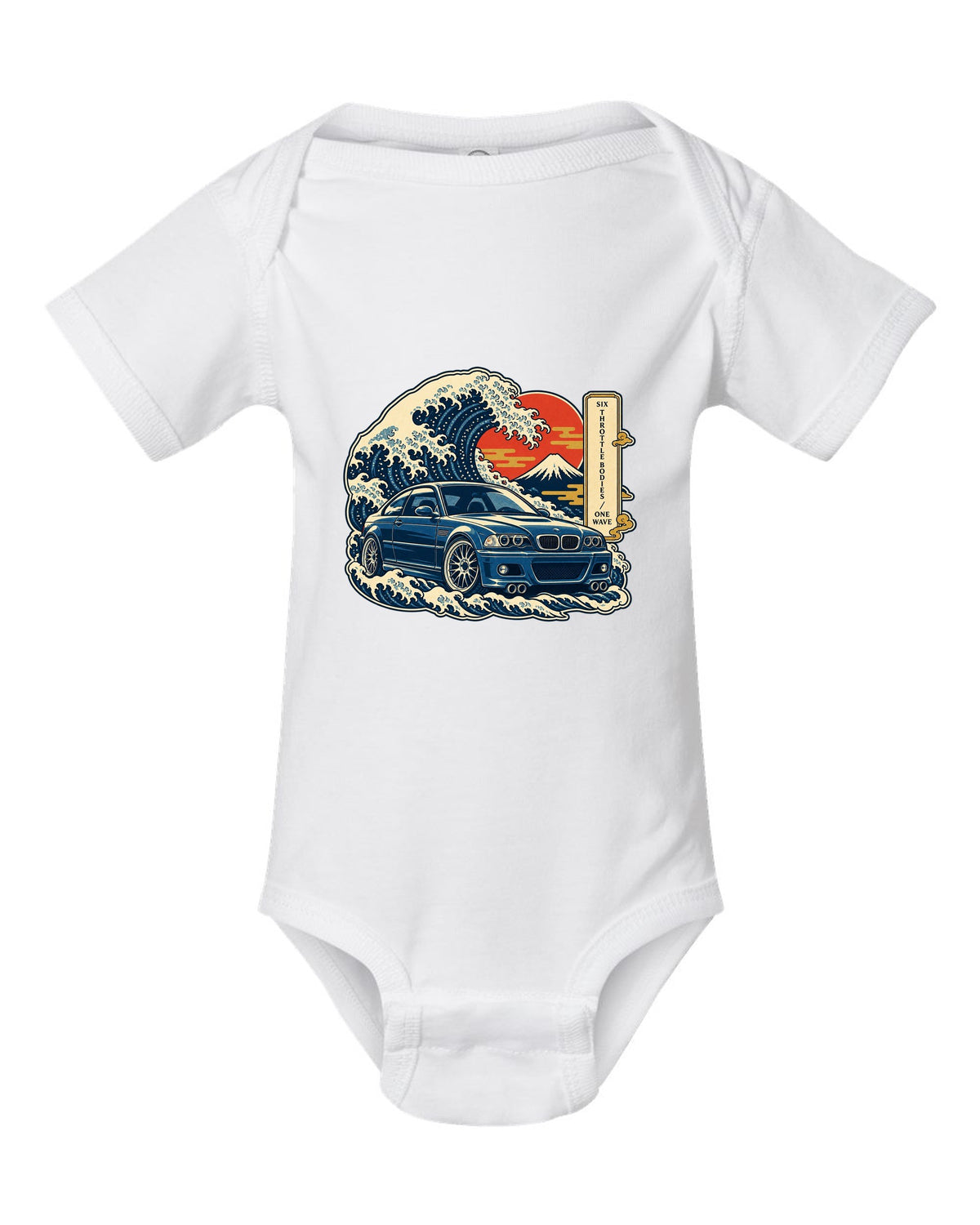 Ukiyo-e woodblock style print of a BMW E46 M3 coupe with six throttle bodies one wave text white baby onesie front view with the design