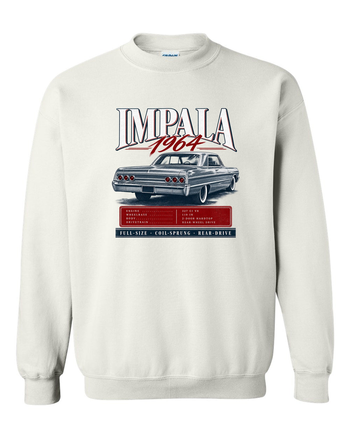 1964 Impala SS B-body rear three-quarter archive panel print white crewneck front view with the design