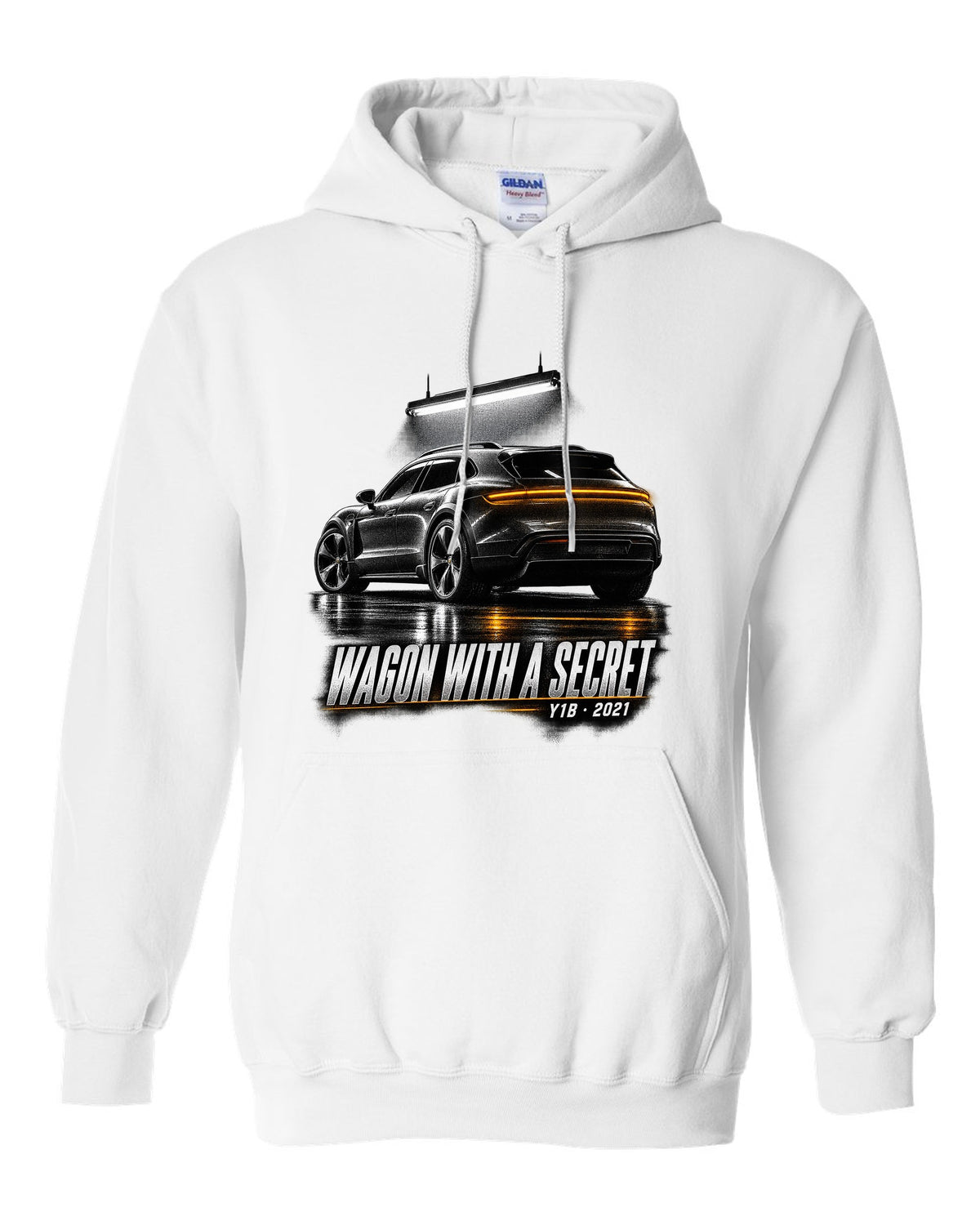 Porsche Taycan Cross Turismo Y1B in a dark garage, print design white pull over hoodie front view with the design