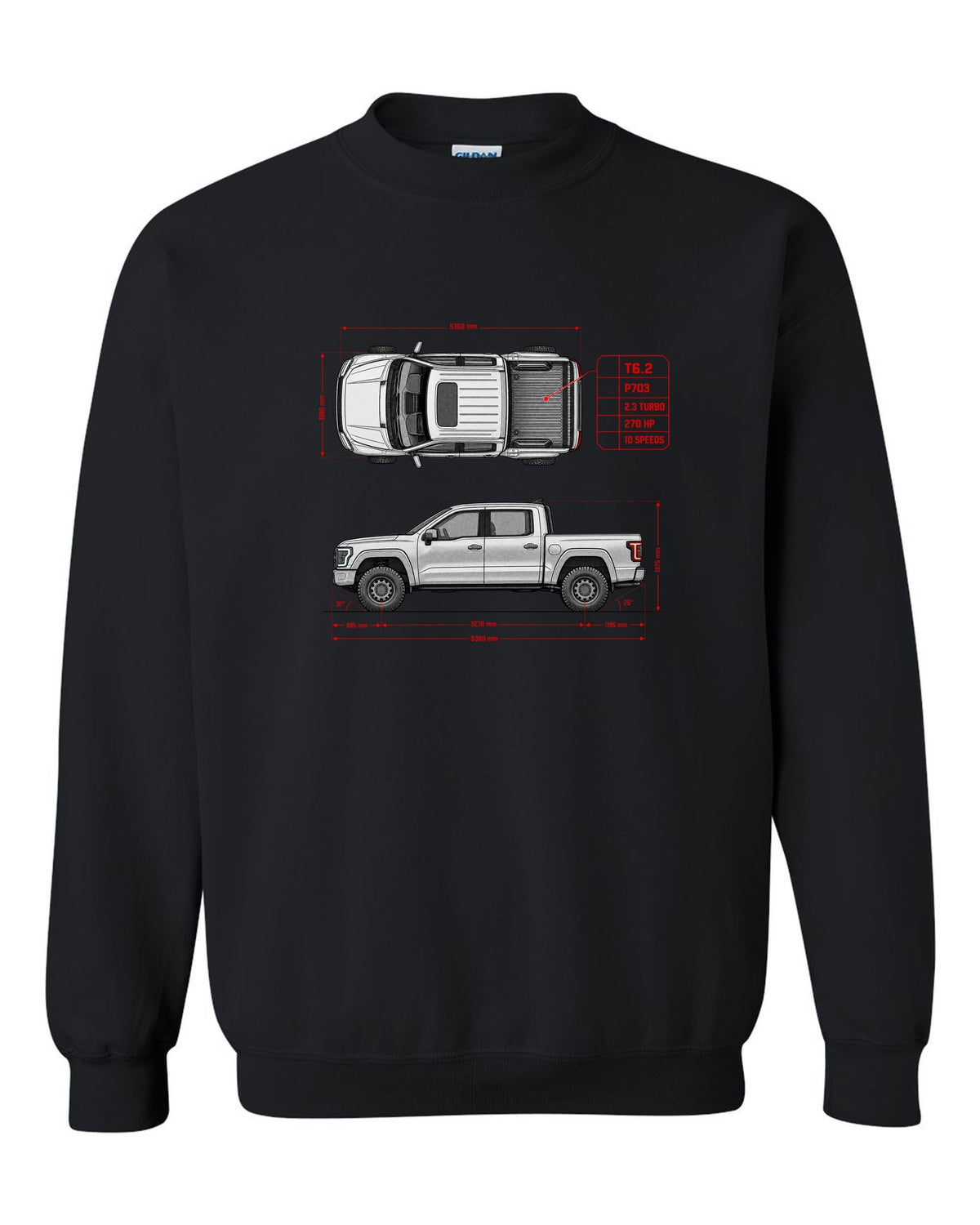 Ford Ranger T6.2 P703 spec poster print with 2.3 turbo, 270 HP and 10 speeds black crewneck front view with the design