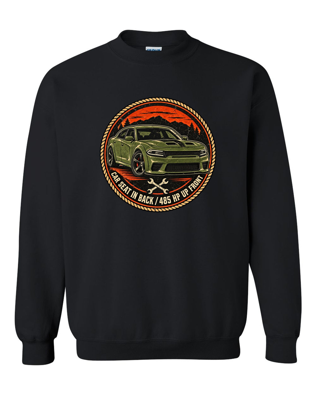 Vintage mechanic roundel patch design of a 2018 Dodge Charger Scat Pack with car seat caption black crewneck front view with the design