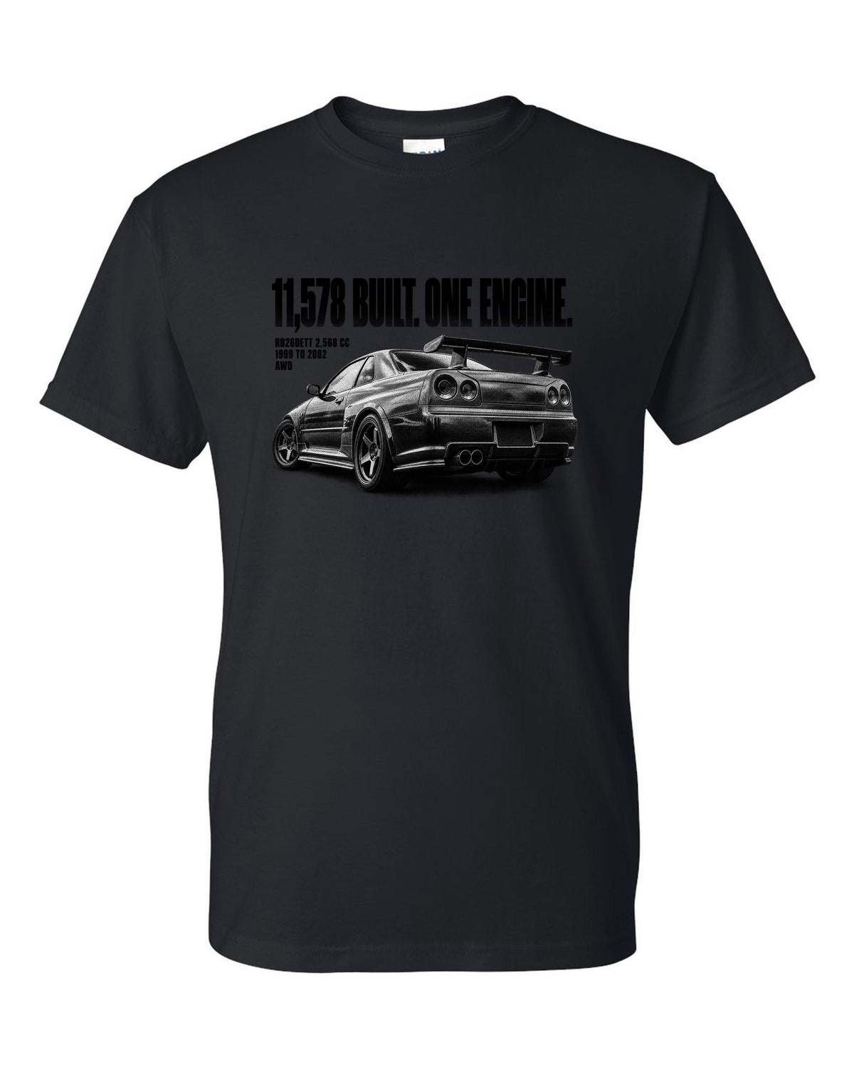 Halftone rear three-quarter view of a Nissan Skyline GT-R R34 with 11,578 built lettering black t-shirt front view with the design